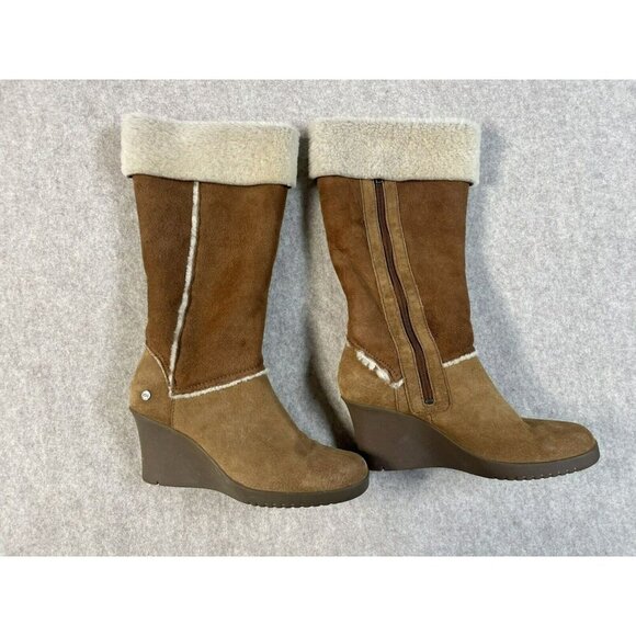 UGG Shoes - UGG Sandra Knee High Wedge Boots Women 9 Brown Leather Shearling Lined Fold Down